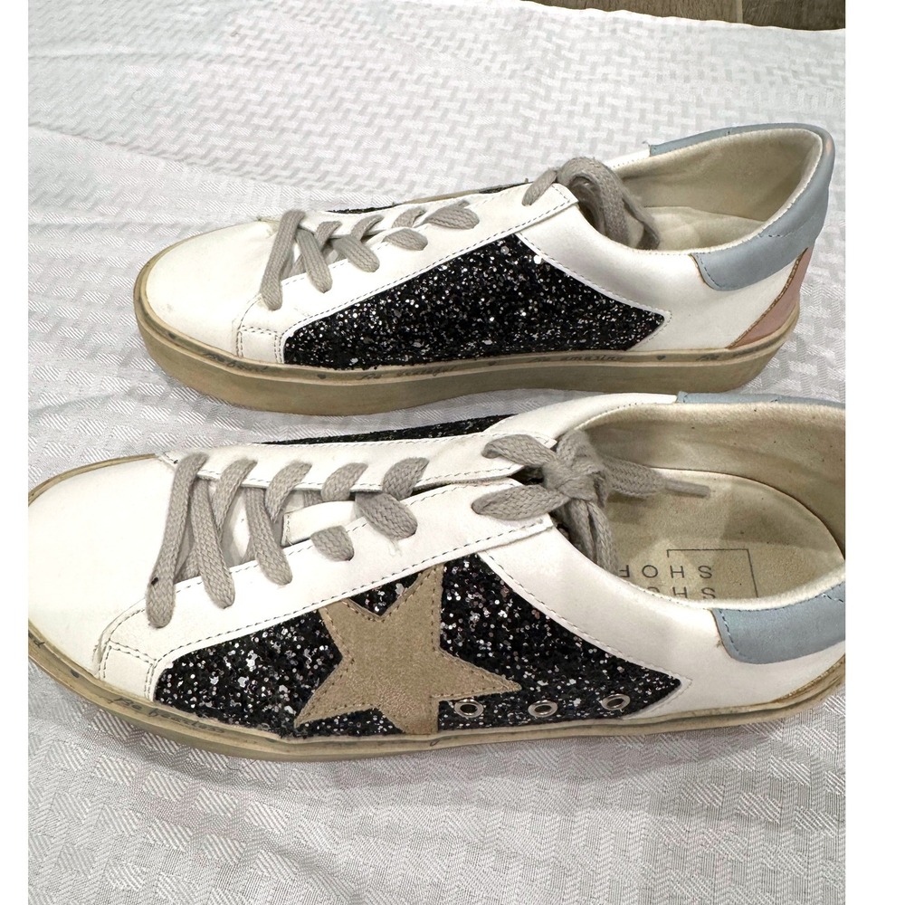Shu Shop Sneakers Womens 8.5 White Black Glitter Star Patch Platform Streetwear - Picture 5 of 10